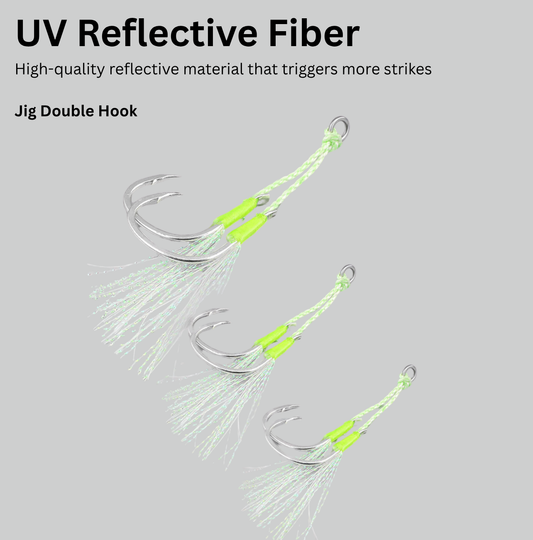 UV Luminous Jig Assist Hooks for Saltwater and Freshwater – Hand-Tied Double Hooks with PE Coated Steel Line & Reflective Fibers -  Double UltraNor Hooks - 2 Pack - 3 Size