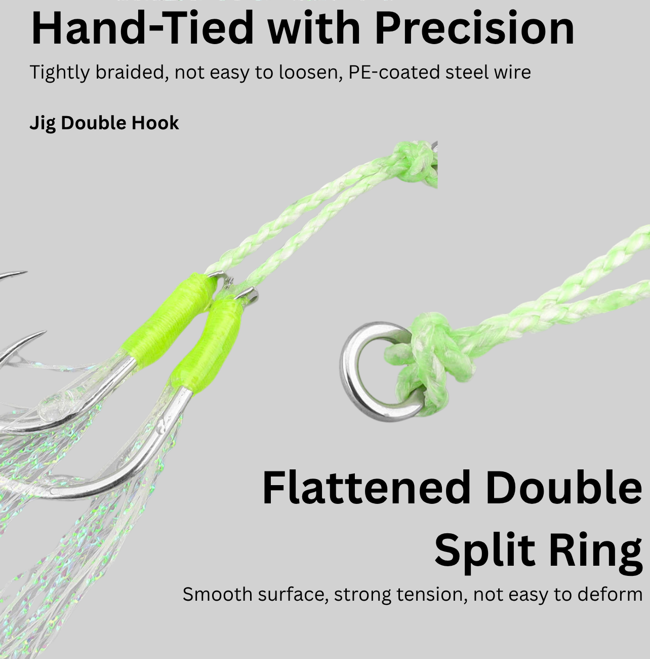 UV Luminous Jig Assist Hooks for Saltwater and Freshwater – Hand-Tied Double Hooks with PE Coated Steel Line & Reflective Fibers -  Double UltraNor Hooks - 2 Pack - 3 Size