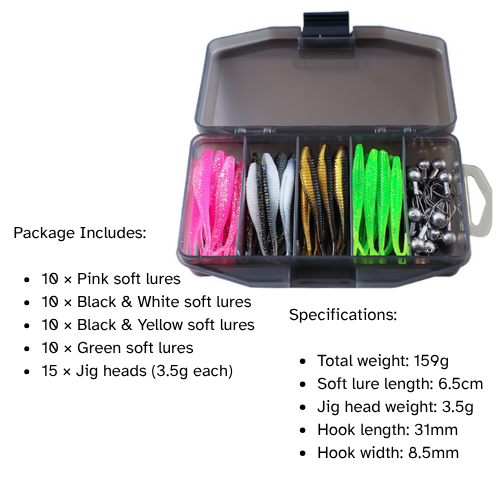 All-in-One Soft Lure Kit – 56 pcs Fork Tail Baits, Jig & Crank Hooks