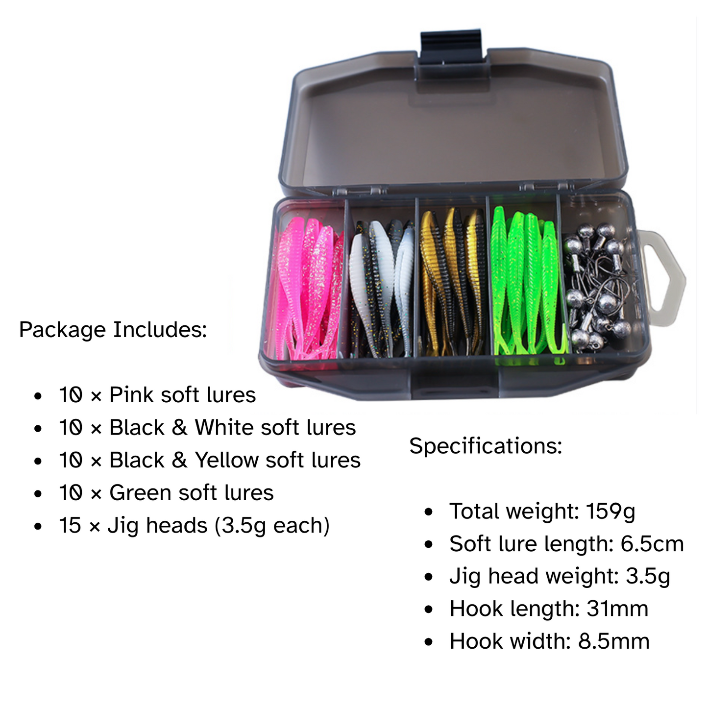 All-in-One Soft Lure Kit – 56 pcs Fork Tail Baits, Jig & Crank Hooks
