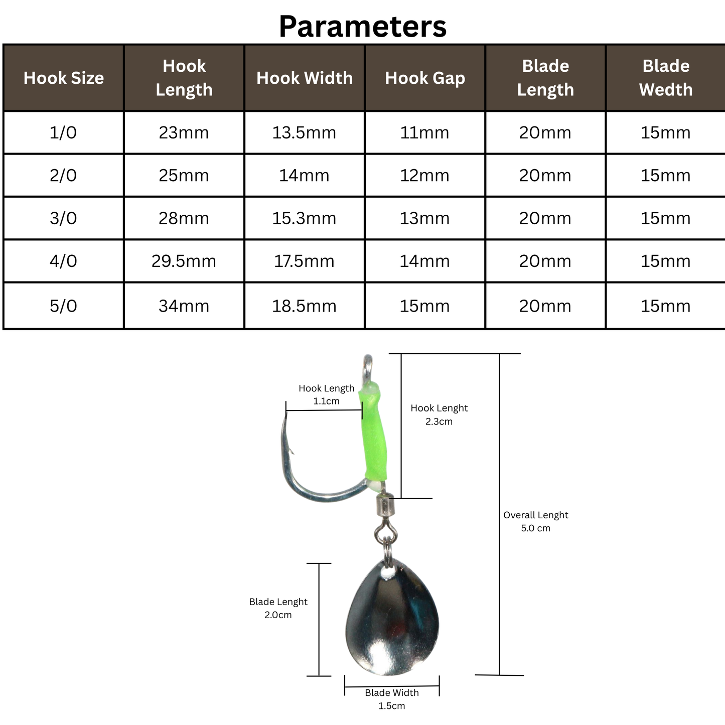 Glow-in-the-Dark Spinner Blade Single Hook for Tuna & Jig Fishing -  5 Different Sizes