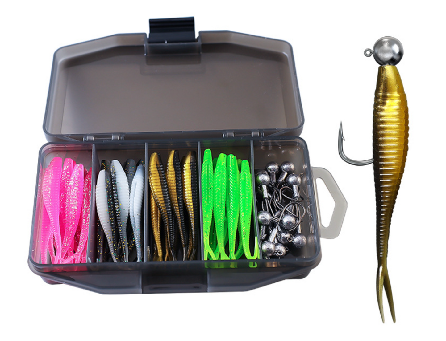 All-in-One Soft Lure Kit – 56 pcs Fork Tail Baits, Jig & Crank Hooks
